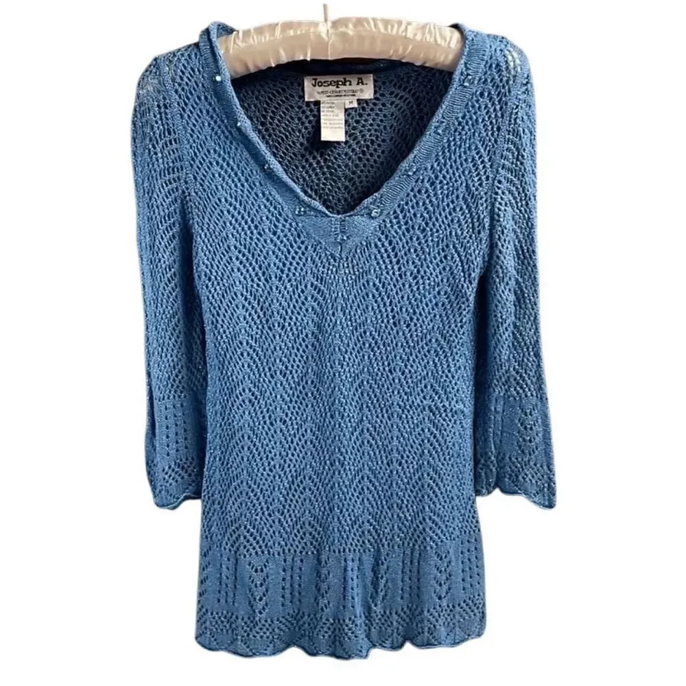 Joseph A Ladies Open Knit Sweater Sz Medium Blue W/Silver Threads Built in Camis